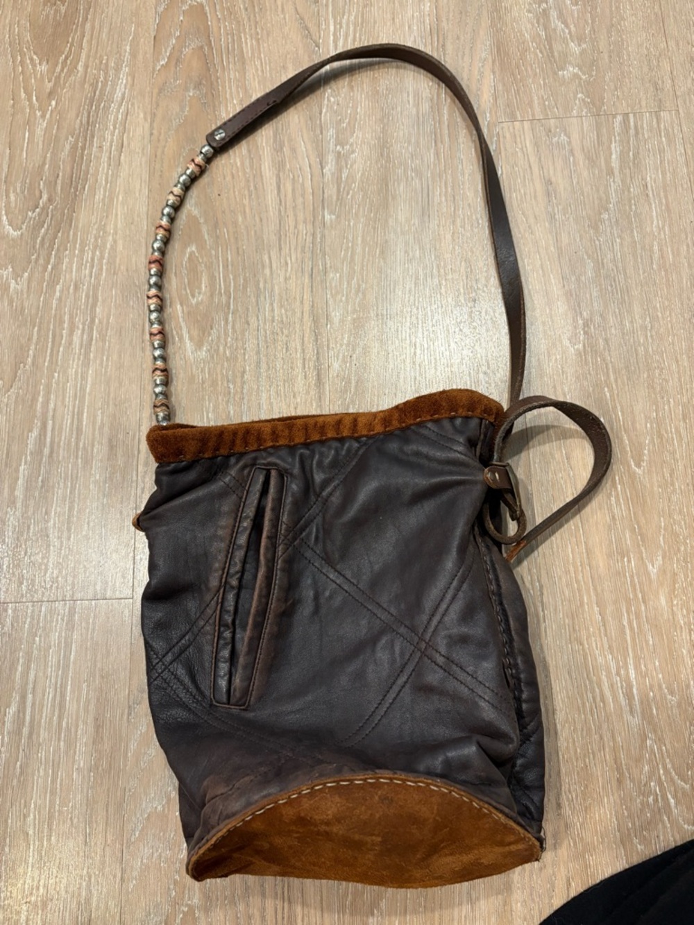 Dark Brown Leather & Suede Beaded-Strap Crossbody Bag